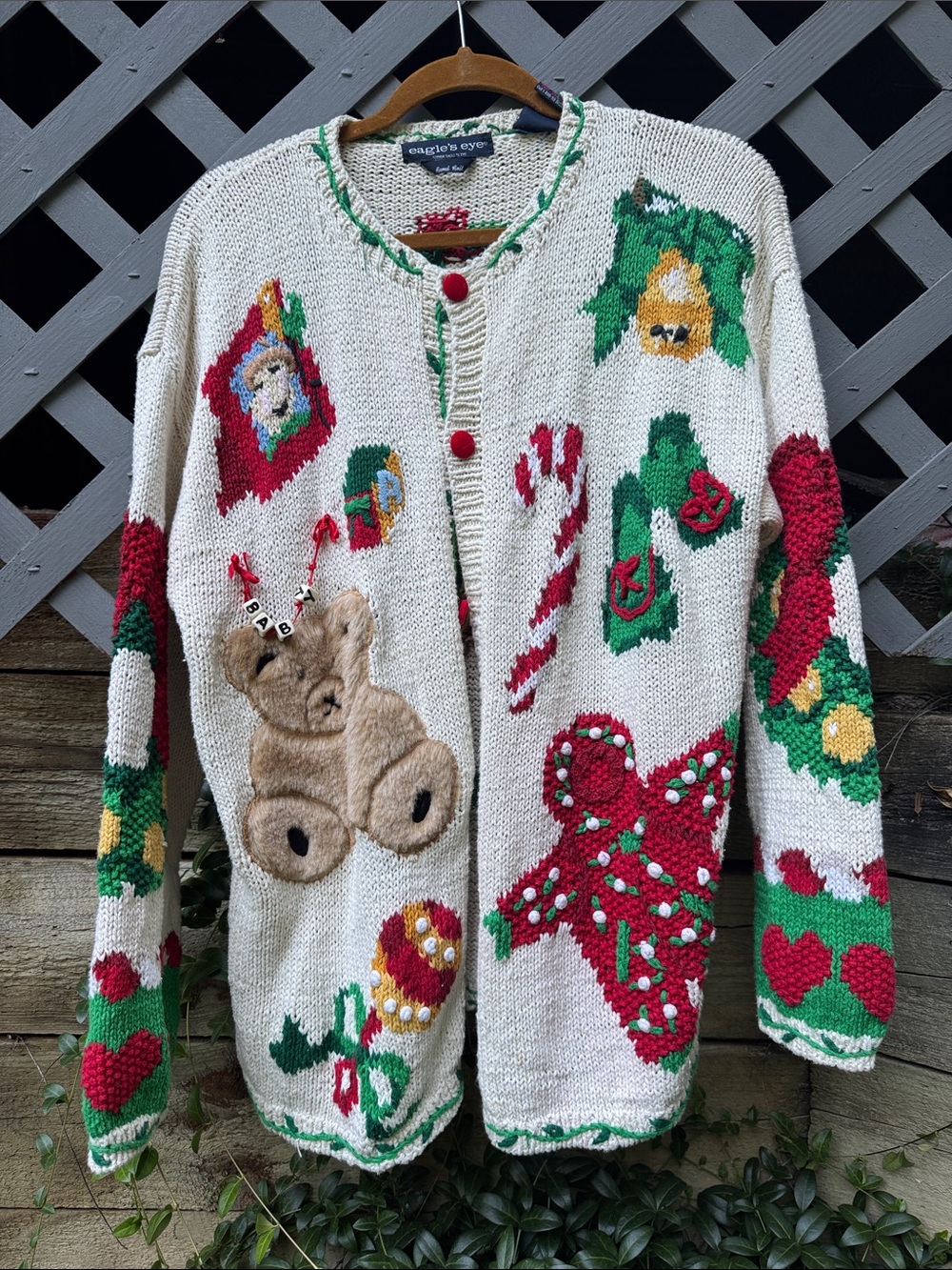 Eagle's Eye Cream Holiday Cardigan with Red & Green Accents. Christmas Sweater.